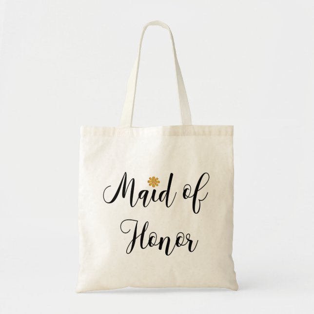 Maid of Honor Black Text with-Gold-Flower-Modern Tote Bag (Front)