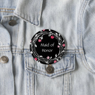 Maid of Honor Black White Pink Floral Wreath 7.5 Cm Round Badge