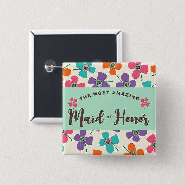 MAID OF HONOR Chic Daisies Pop Wedding Name Tag 15 Cm Square Badge (Front & Back)