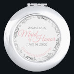 Maid of Honor Compact Mirror Wedding Gift<br><div class="desc">These compact mirrors are designed to give as favors to the Maid of Honor in your wedding party. Designed to coordinate with our Pink & Gray Elegant Wedding Suite, they feature a simple yet elegant design with a white background, Pink & Gray, and a silver faux foil floral border. Perfect...</div>