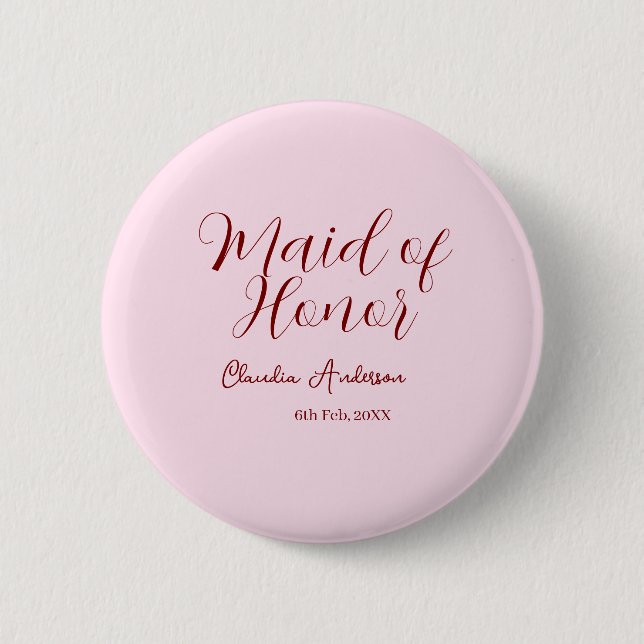 Maid of honor mauve name date pink pastel brides 6 cm round badge (Front)