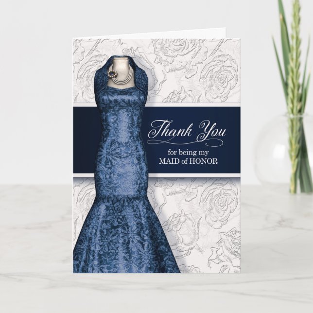 Maid of Honor Navy Blue Wedding Thank You Card (Front)