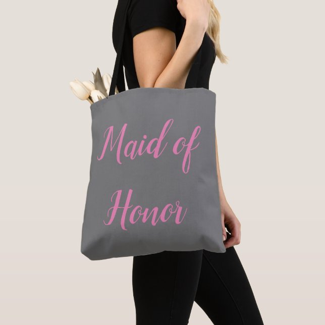 Maid of Honor Pink Grey Script Elegant Wedding  Tote Bag (Close Up)