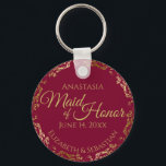 Maid of Honor Wedding Gift Burgundy Maroon & Gold Key Ring<br><div class="desc">These keychains are designed to give as favors to the Maid of Honor in your wedding party. They feature a simple yet elegant design with a burgundy, maroon, or wine red colored background, gold text, and a golden faux foil floral lace border. Perfect way to thank your Maid of Honor...</div>