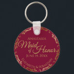 Maid of Honor Wedding Gift Burgundy Maroon & Gold Key Ring<br><div class="desc">These keychains are designed to give as favors to the Maid of Honor in your wedding party. They feature a simple yet elegant design with a burgundy, maroon, or wine red colored background, gold text, and a golden faux foil floral lace border. Perfect way to thank your Maid of Honor...</div>
