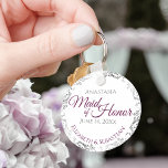 Maid of Honor Wedding Gift Cassis Pruple Key Ring<br><div class="desc">These keychains are designed to give as favors to the Maid of Honor in your wedding party. Features a simple yet elegant design with a white background, cassis purple or magenta & Gray text, and a silver faux foil floral border. Perfect way to thank your Maid of Honor for being...</div>