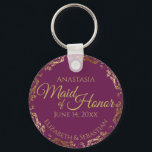 Maid of Honor Wedding Gift Cassis Purple & Gold Key Ring<br><div class="desc">These keychains are designed to give as favors to the Maid of Honor in your wedding party. They feature a simple yet elegant design with a cassis purple, magenta, or berry colored background, gold text, and a golden faux foil floral lace border. Perfect way to thank your Maid of Honor...</div>