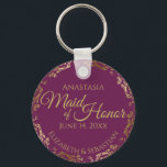 Maid of Honor Wedding Gift Cassis Purple & Gold Key Ring<br><div class="desc">These keychains are designed to give as favors to the Maid of Honor in your wedding party. They feature a simple yet elegant design with a cassis purple, magenta, or berry colored background, gold text, and a golden faux foil floral lace border. Perfect way to thank your Maid of Honor...</div>