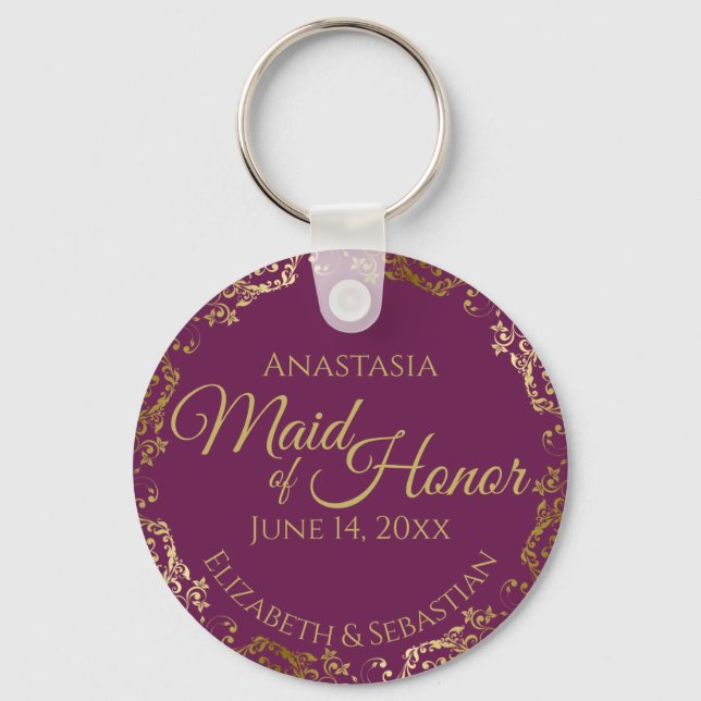Maid of Honor Wedding Gift Cassis Purple & Gold Key Ring (Front)
