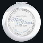 Maid of Honor Wedding Gift Dusty Blue Silver Lace Compact Mirror<br><div class="desc">This compact mirror is designed to give as a gift or favor to the Maid of Honor in your wedding party. It features a simple yet elegant design with a white background, dusty blue script lettering, and a silver faux foil floral lace border. Perfect way to thank her for being...</div>