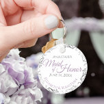 Maid of Honor Wedding Gift Lavender Purple & Gray Key Ring<br><div class="desc">These keychains are designed to give as favors to the Maid of Honor in your wedding party. Designed to coordinate with our Purple & Gray Elegant Wedding Suite, they feature a simple yet elegant design with a white background, lavender & Gray text, and a silver faux foil floral border. Perfect...</div>
