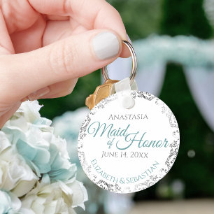 Maid of Honor Wedding Gift Teal & Gray Lacy Key Ring