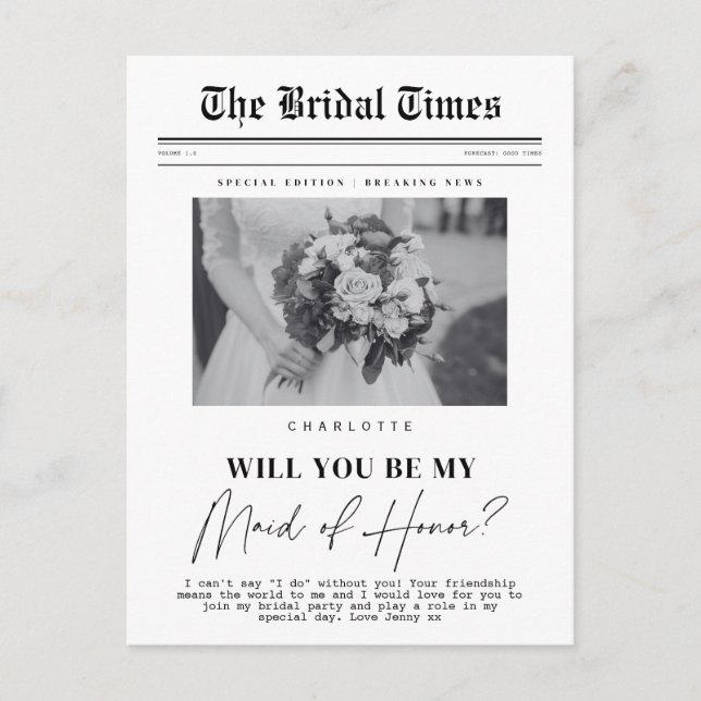 Maid of Honour asking, customisable Newspaper  Postcard (Front)