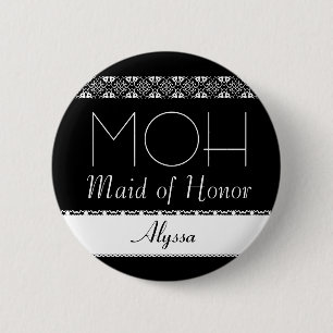 Maid of Honour Black and White Lace Wedding Button