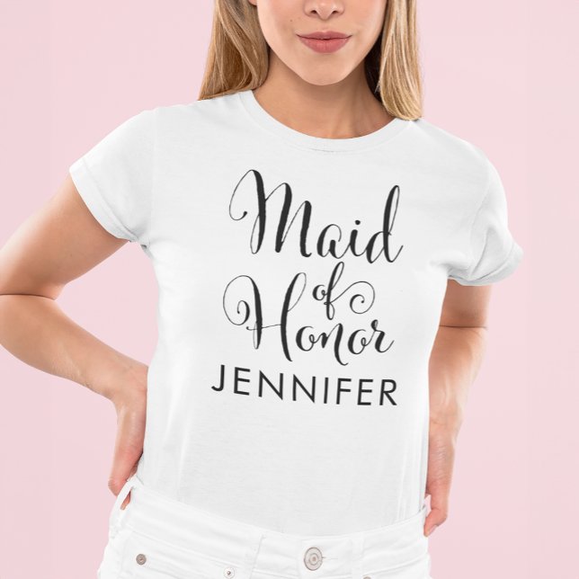 Maid of Honour Black Modern Script Custom Wedding T-Shirt (Creator Uploaded)
