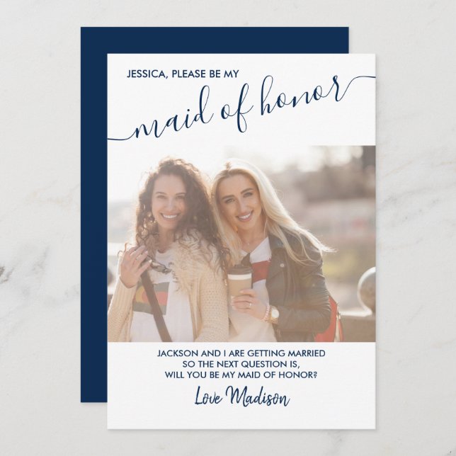 Maid of Honour Blue and White Photo Proposal Card (Front/Back)