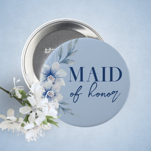 Maid of Honour Blue Floral Bridal Shower Button