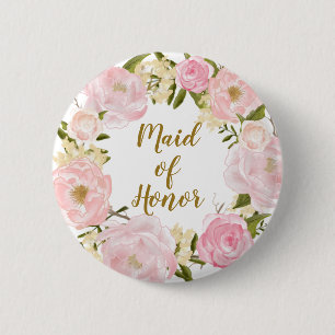 Maid of Honour Blush Pink Floral Round Badge