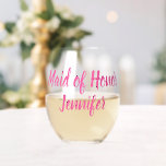 Maid of Honour Bridesmaid Pink Wedding Stemless Wine Glass<br><div class="desc">Beautiful calligraphy,  pink Maid of Honour glasses. Perfect for Wedding favours.</div>