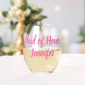 Maid of Honour Bridesmaid Pink Wedding Stemless Wine Glass