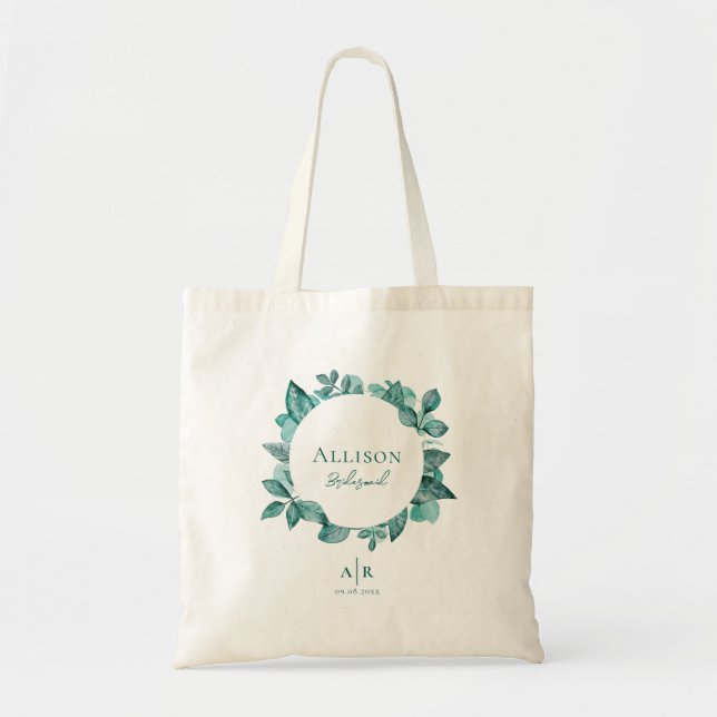 Maid of Honour, Bridesmaid, Teal Greenery Wedding Tote Bag (Front)