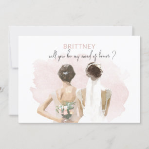 Maid of Honour Brown Hair Pink Watercolor Card