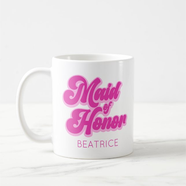 Maid of Honour Bubblegum Pink Retro Custom Name Coffee Mug (Left)