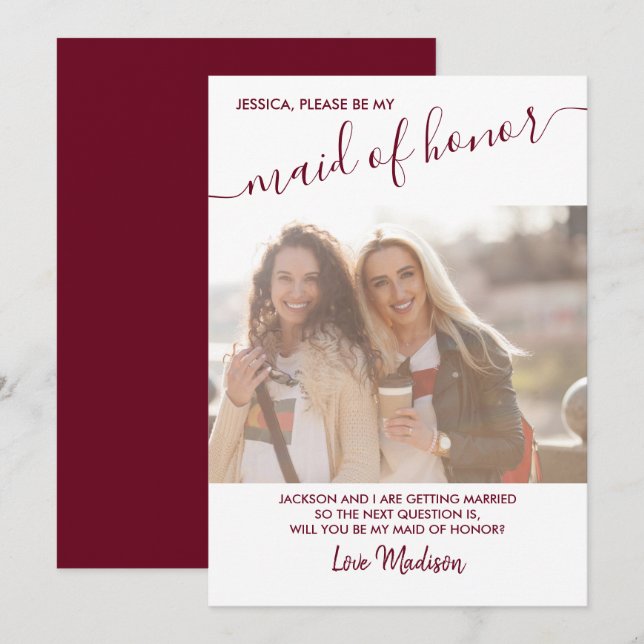 Maid of Honour Burgundy and White Photo Proposal Invitation (Front/Back)
