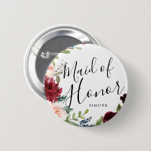 Maid of Honour Burgundy Bouquet Custom Wedding 6 Cm Round Badge