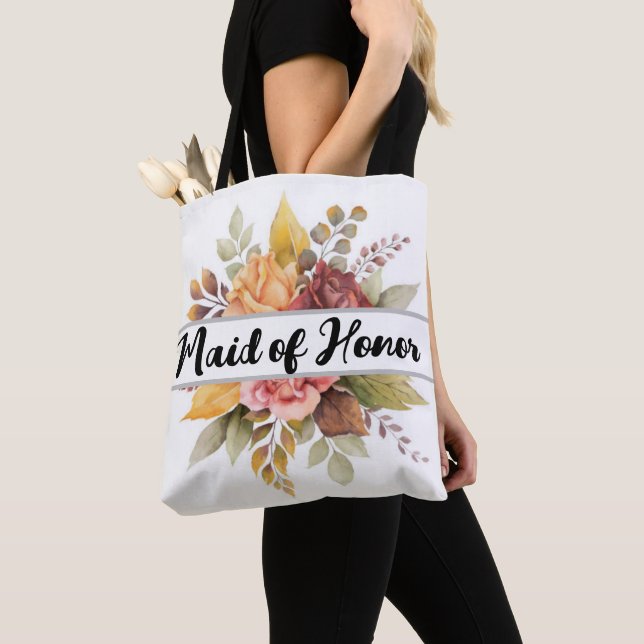 Maid of Honour Burgundy Floral Text Fall Wedding T Tote Bag (Close Up)