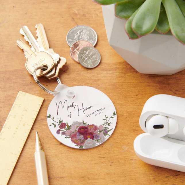 Maid of Honour Burgundy Forest Floral Wedding Gift Key Ring (Desk)
