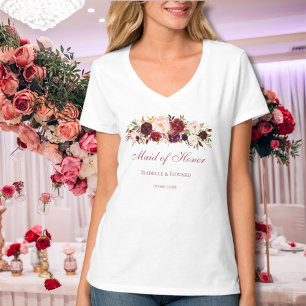 Maid Of Honour Burgundy Pink Rose Floral T-Shirt