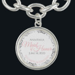Maid of Honour Charm Bracelet Gift Pink Silver<br><div class="desc">These charm bracelets are designed to give as favours to the Maid of Honour in your wedding party. Designed to coordinate with our Pink & Grey Elegant Wedding Suite, they feature a simple yet elegant design with a white background, Pink & Grey, and a silver faux foil floral border. Perfect...</div>