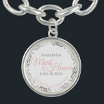 Maid of Honour Charm Bracelet Gift Pink Silver<br><div class="desc">These charm bracelets are designed to give as favours to the Maid of Honour in your wedding party. Designed to coordinate with our Pink & Grey Elegant Wedding Suite, they feature a simple yet elegant design with a white background, Pink & Grey, and a silver faux foil floral border. Perfect...</div>