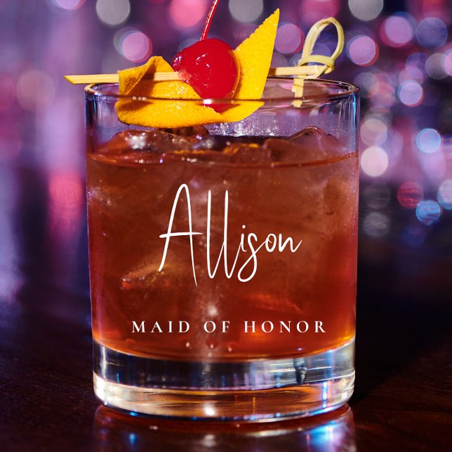 Maid Of Honour Chic White Script Monogram Wedding Whiskey Glass (Creator Uploaded)