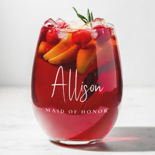 Maid Of Honour Chic White Script Wedding Stemless Wine Glass