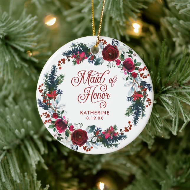 Maid Of Honour Christmas Floral Wreath Personalise Ceramic Tree Decoration (Tree)