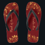 Maid of Honour Dark Burgundy & Gold Foliage  Flip Flops<br><div class="desc">These gorgeous dark burgundy and gold foliage maid of honour flip flops have a dark burgundy background that is adorned with an intricate gold floral greenery pattern and customisable modern typography. The combination of the rich burgundy and the shimmering gold create an elegant and luxurious aesthetic. It's a beautiful gift...</div>