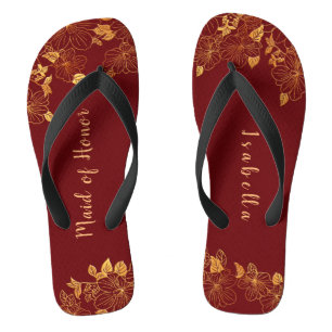 Maid of Honour Dark Burgundy & Gold Foliage  Flip Flops