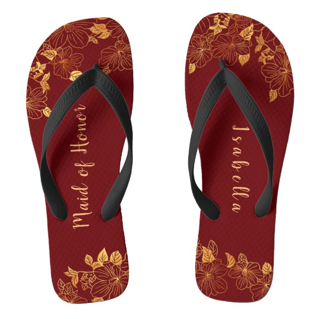 Maid of Honour Dark Burgundy & Gold Foliage  Flip Flops (Footbed)
