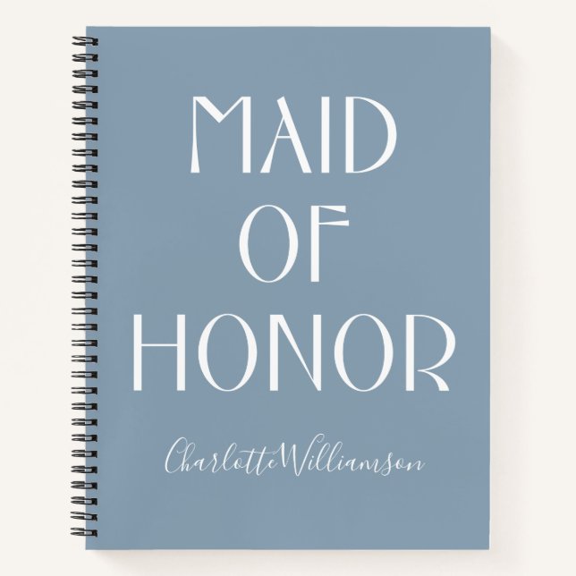 Maid of Honour Dusty Blue Typography Name Wedding Notebook (Front)