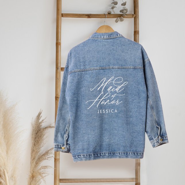 Maid of Honour Elegant Script Name Wedding Party Denim Jacket (Maid of Honor Elegant Script Name Wedding Party Denim Jacket)