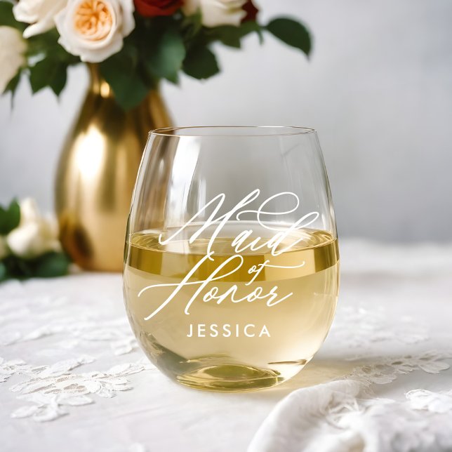 Maid of Honour Elegant Script Name Wedding Party Stemless Wine Glass (Maid of Honor Elegant Script Name Wedding Party Stemless Wine Glass)