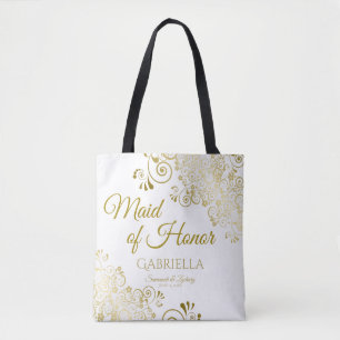 Maid of Honour Elegant Wedding Tote Bag Gold White