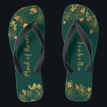 Maid of Honour Emerald Green & Gold Foliage  Flip Flops<br><div class="desc">These gorgeous emerald green and gold foliage maid of honour flip flops feature golden foliage pattern and modern typography on timeless dark green background. It's a beautiful gift for your bridal party. View the collection on this page to find matching items. ♥Customise it with your information. ♥ If you want...</div>