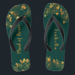 Maid of Honour Emerald Green & Gold Foliage  Flip Flops<br><div class="desc">These gorgeous emerald green and gold foliage maid of honour flip flops feature golden foliage pattern and modern typography on timeless dark green background. It's a beautiful gift for your bridal party. View the collection on this page to find matching items. ♥Customise it with your information. ♥ If you want...</div>