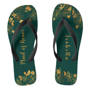 Maid of Honour Emerald Green & Gold Foliage  Flip Flops