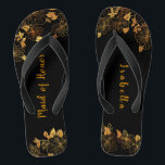 Maid of Honour Emerald Green & Gold Foliage  Flip Flops<br><div class="desc">These gorgeous emerald green and gold foliage maid of honour flip flops feature golden foliage pattern and modern typography on timeless dark green background. It's a beautiful gift for your bridal party. View the collection on this page to find matching items. ♥Customise it with your information. ♥ If you want...</div>