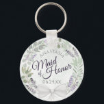 Maid of Honour Eucalyptus Lavender Wreath Wedding Key Ring<br><div class="desc">These keychains are designed to give as a favour or gift for the Maid of Honour in your wedding party. They feature a rustic hand painted watercolor design with a wreath of eucalyptus leaves, lavender flowers and foliage in shades of sage green and light purple. The text is written in...</div>