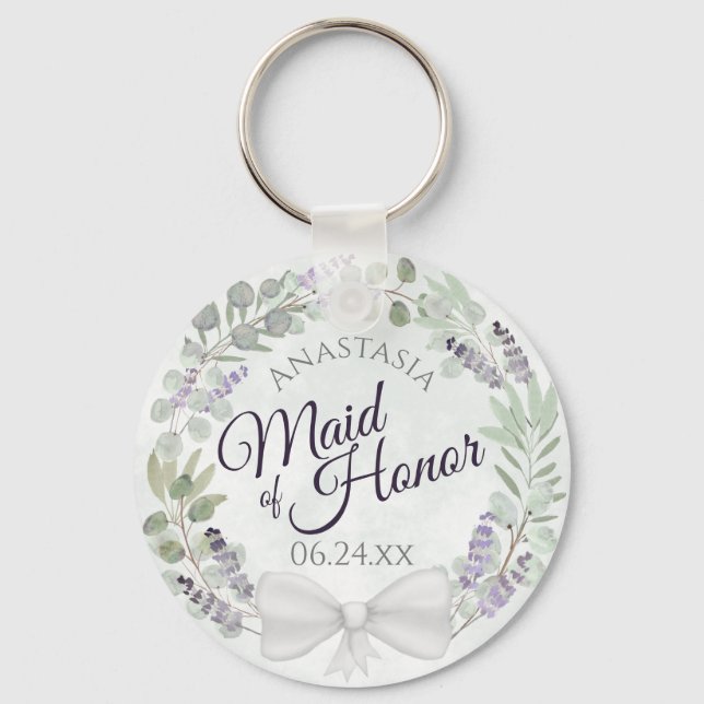 Maid of Honour Eucalyptus Lavender Wreath Wedding Key Ring (Front)